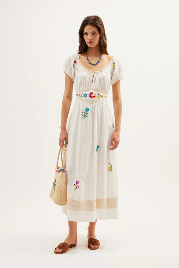 rixo Alani Midi Dress Ombre Floral Embroidery Ivory
