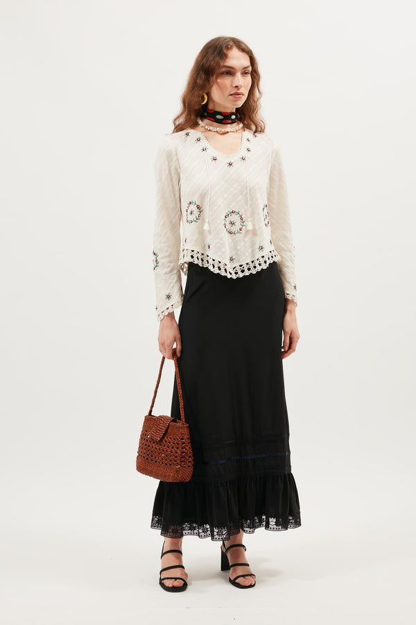 Rixo Annalisa Cotton Top Rose Trail Embroidery Cream