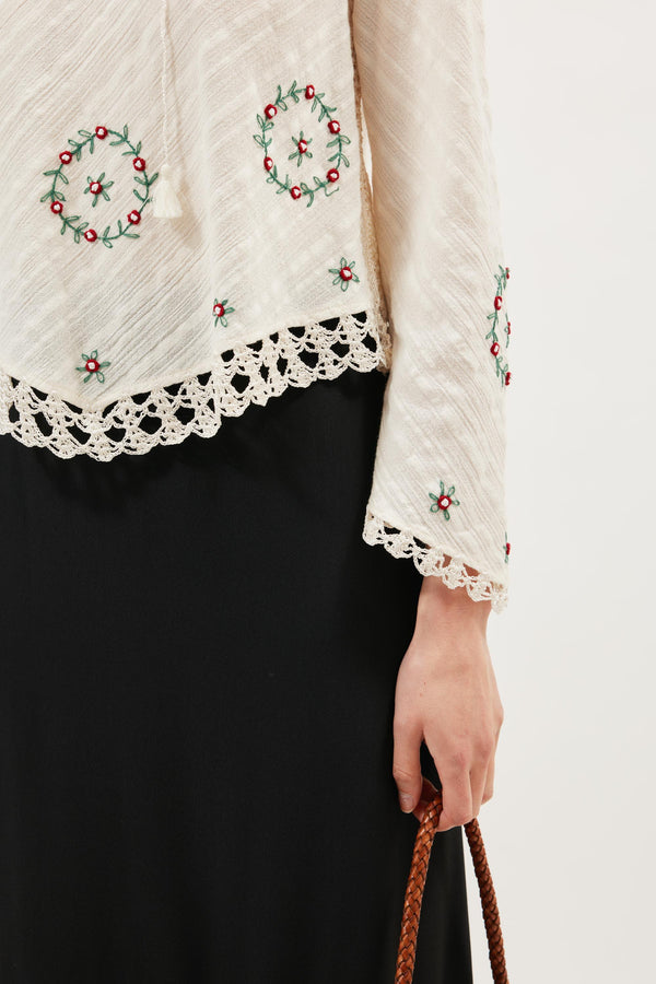 Rixo Annalisa Cotton Top Rose Trail Embroidery Cream