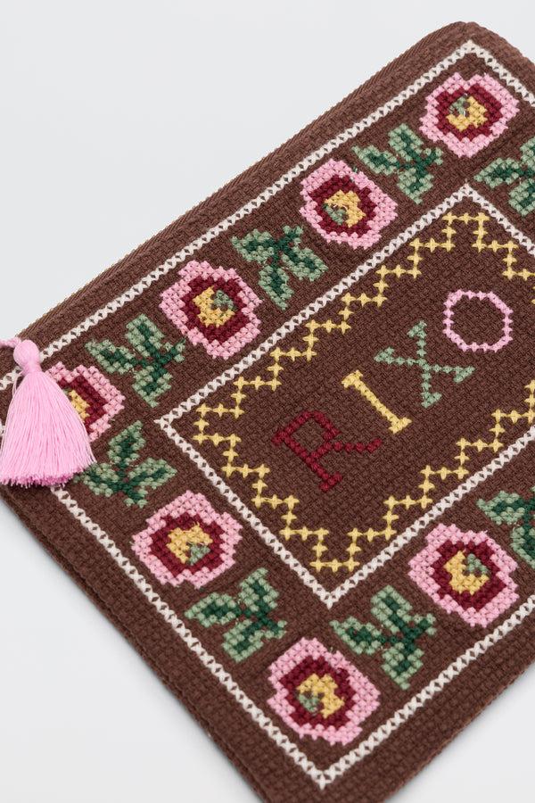 Rixo Beau Embroidered Pouch Rosalia Cross Stitch Embroidery Brown