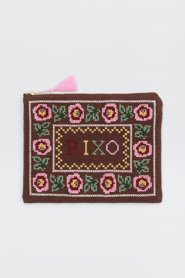 rixo Beau Embroidered Pouch Rosalia Cross Stitch Embroidery Brown