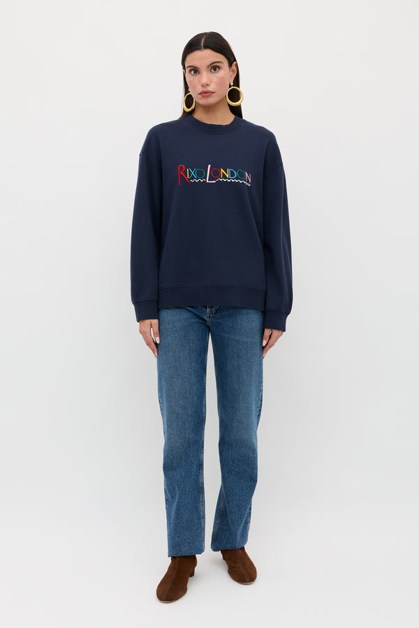Rixo Blaze Cotton Sweatshirt London Embroidery Navy
