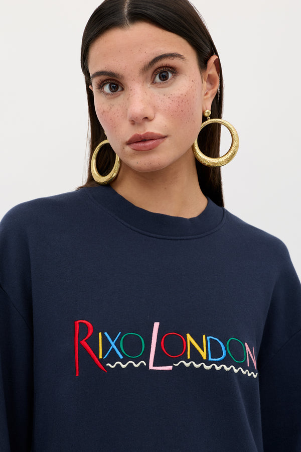Rixo Blaze Cotton Sweatshirt London Embroidery Navy