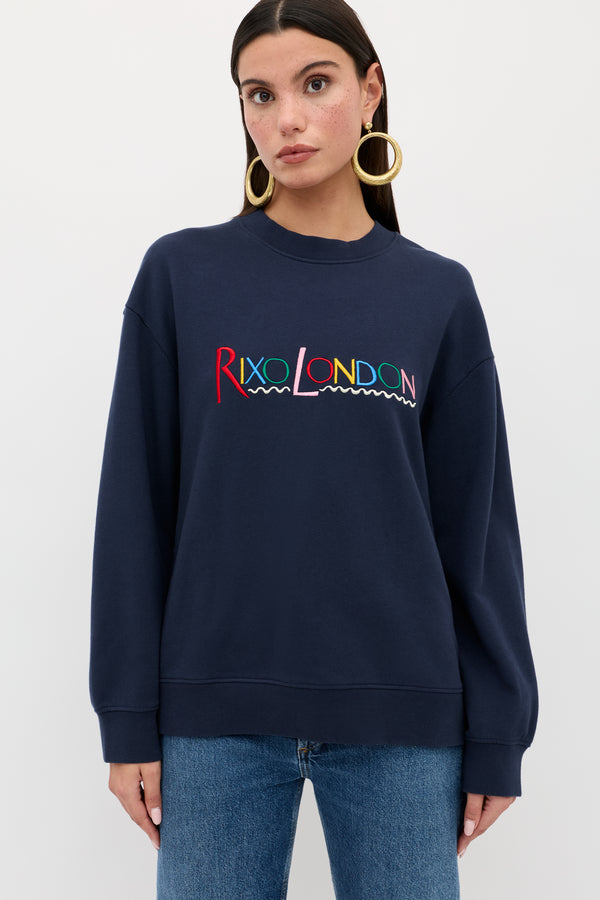 rixo Blaze Cotton Sweatshirt London Embroidery Navy