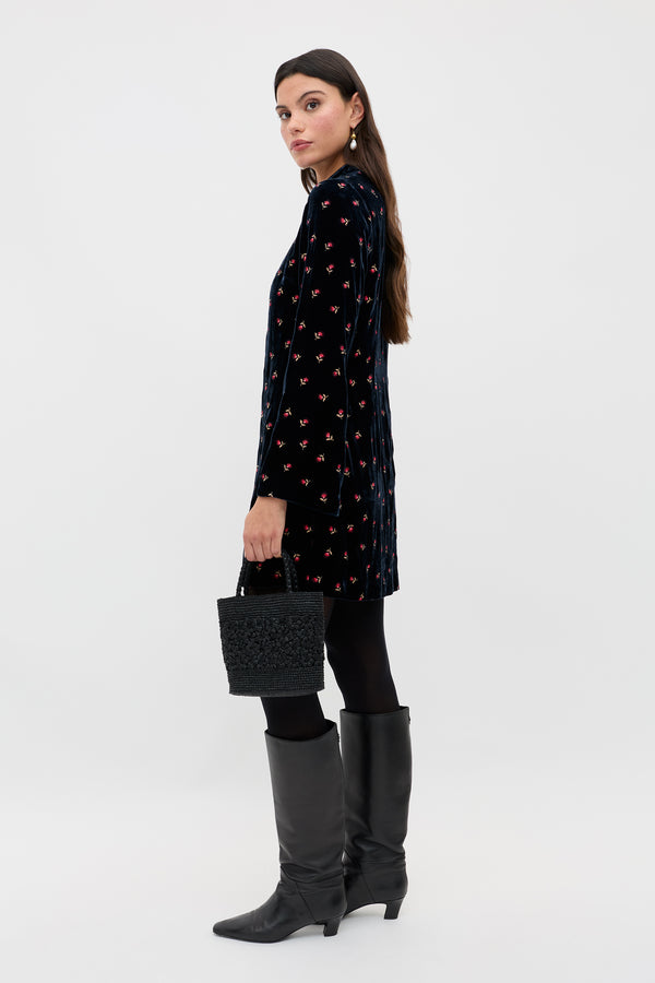 Rixo Calla Silk-Velvet Mini Dress Dandy Embroidery Deep Navy