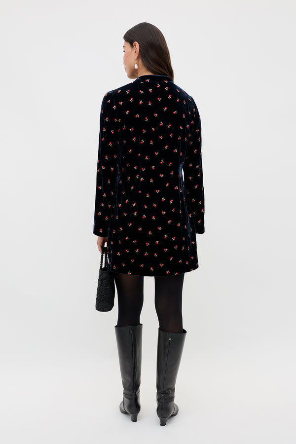 Rixo Calla Silk-Velvet Mini Dress Dandy Embroidery Deep Navy