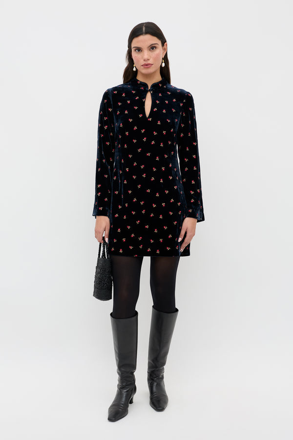 rixo Calla Silk-Velvet Mini Dress Dandy Embroidery Deep Navy