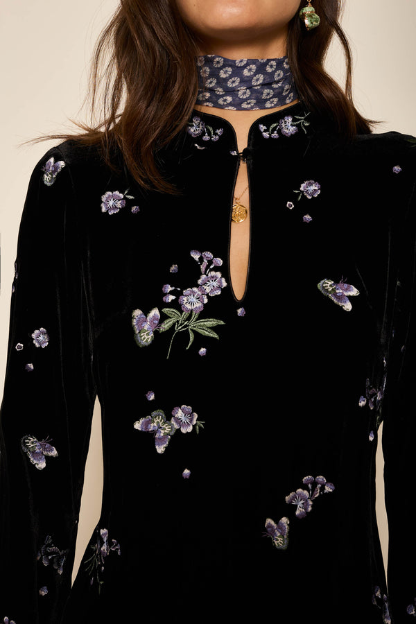 Rixo Calla Velvet Mini Dress Blossom Embroidery Blue