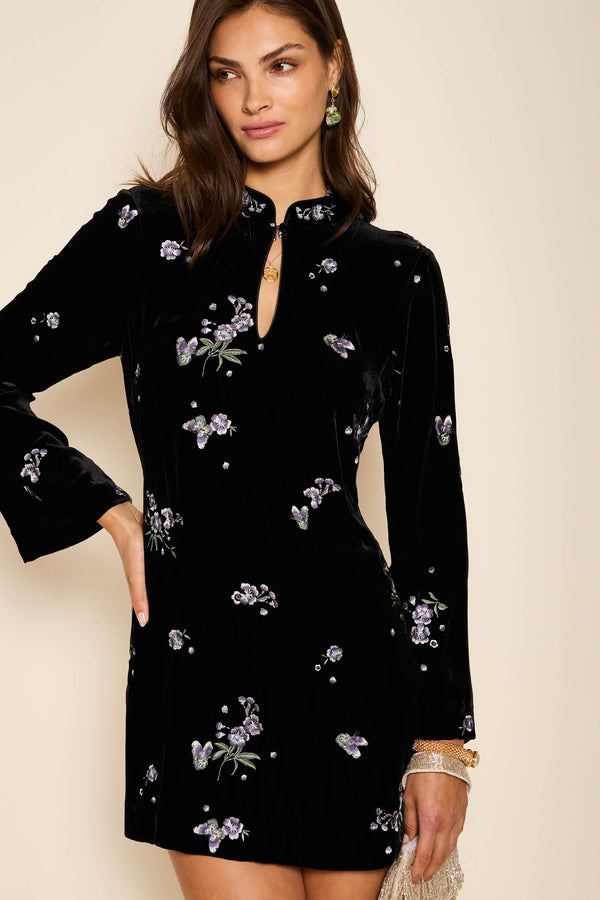 rixo Calla Velvet Mini Dress Blossom Embroidery Blue
