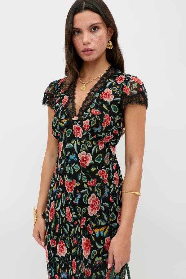 Rixo Clarice Chiffon Midi Dress Butterfly Floral Black