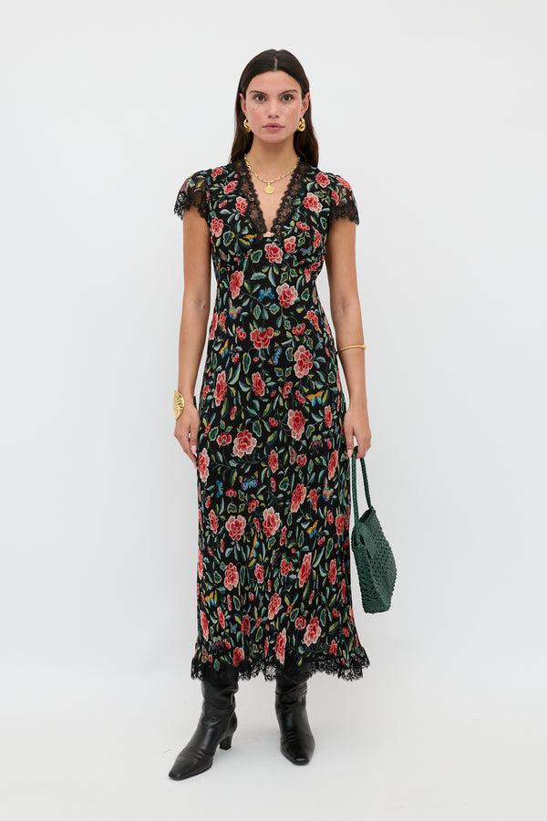 rixo Clarice Chiffon Midi Dress Butterfly Floral Black
