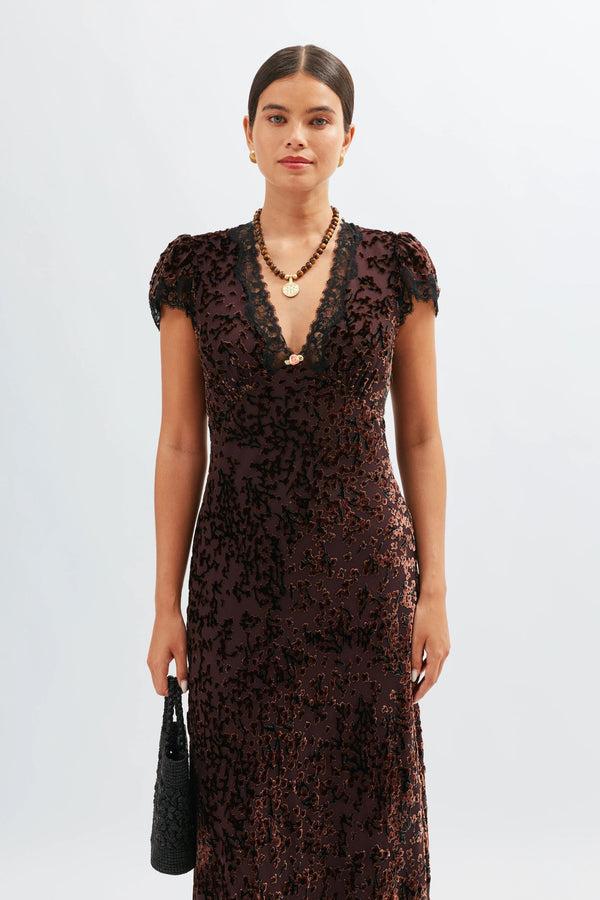 Rixo Clarice Silk-Velvet Midi Dress Lucia Devore Brown
