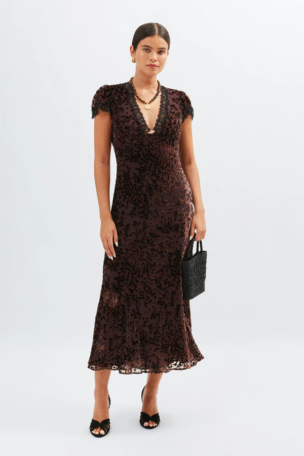 Rixo Clarice Silk-Velvet Midi Dress Lucia Devore Brown