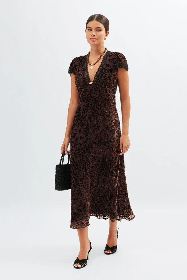 rixo Clarice Silk-Velvet Midi Dress Lucia Devore Brown
