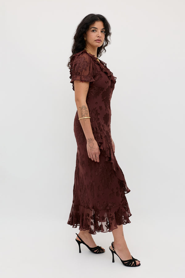 Rixo Clementina Silk-Satin Devoré Midi Dress Bouquet Devoré Brown