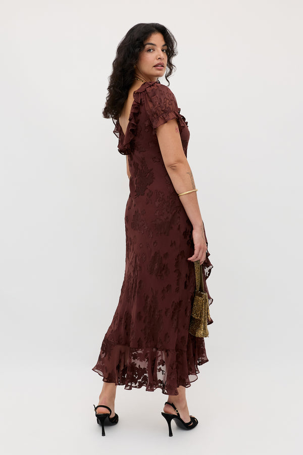 Rixo Clementina Silk-Satin Devoré Midi Dress Bouquet Devoré Brown