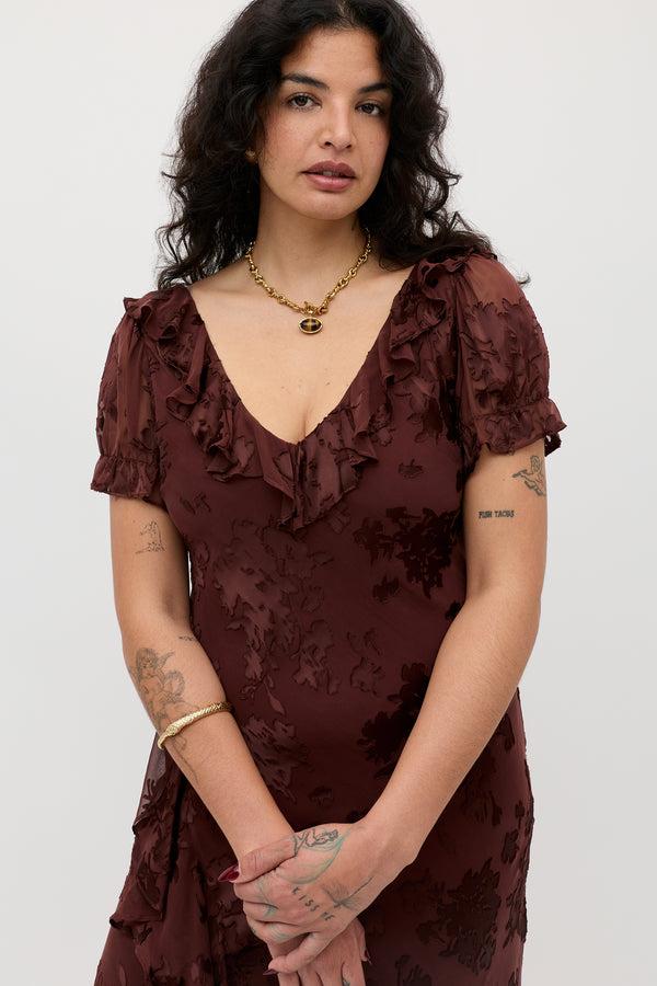 Rixo Clementina Silk-Satin Devoré Midi Dress Bouquet Devoré Brown