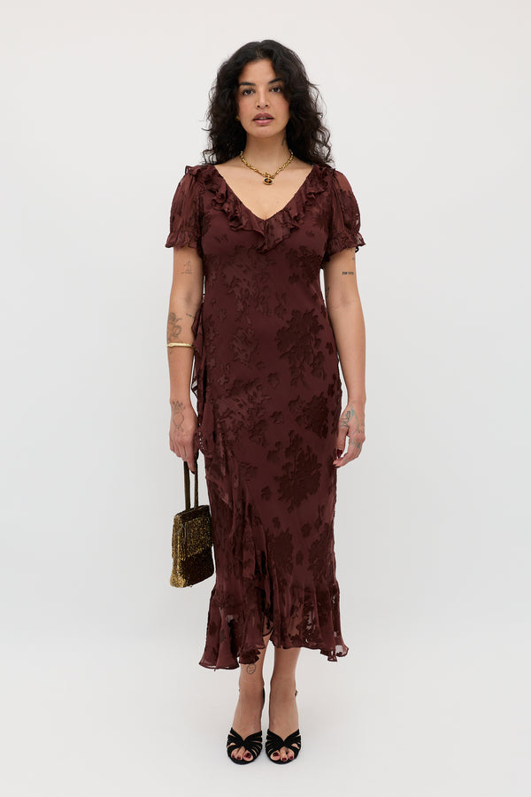 rixo Clementina Silk-Satin Devoré Midi Dress Bouquet Devoré Brown