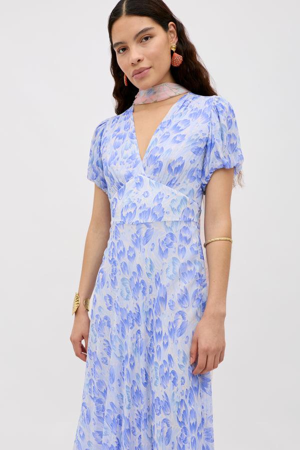 Rixo Corrine Chiffon Dress Tulip Fields Cornflower Blue