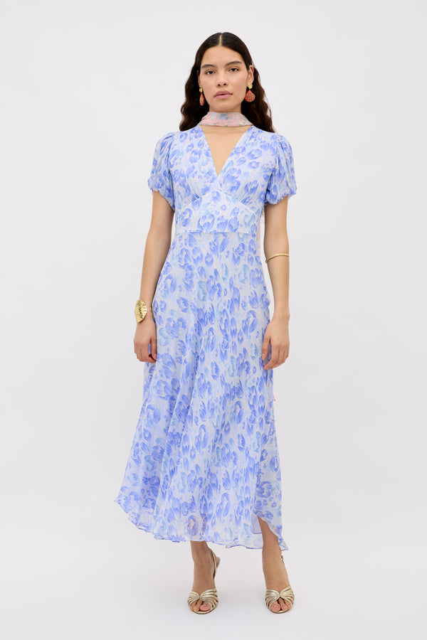 rixo Corrine Chiffon Dress Tulip Fields Cornflower Blue