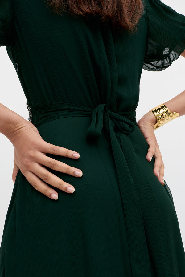 Rixo Corrine Chiffon Midi Dress Diana Embellishment Forest Green