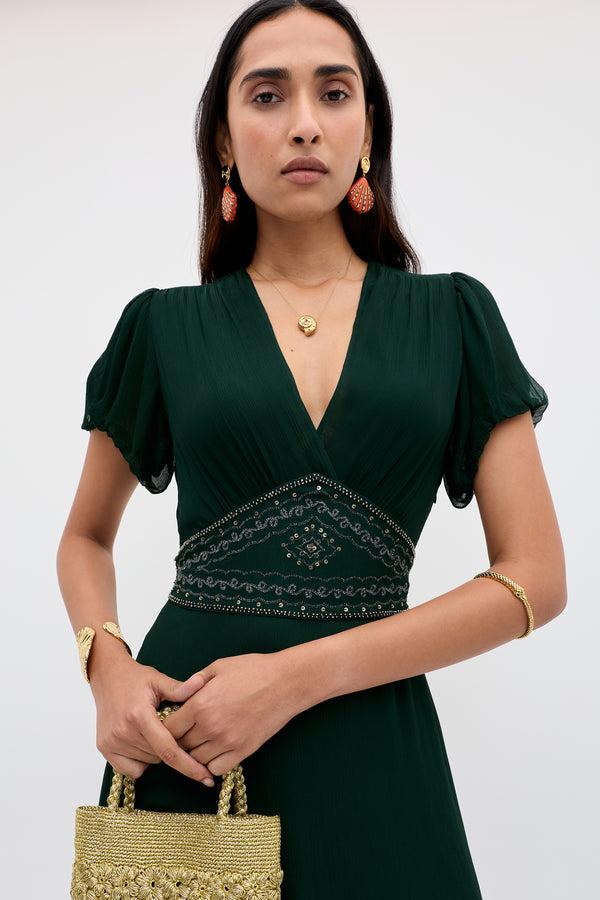 Rixo Corrine Chiffon Midi Dress Diana Embellishment Forest Green