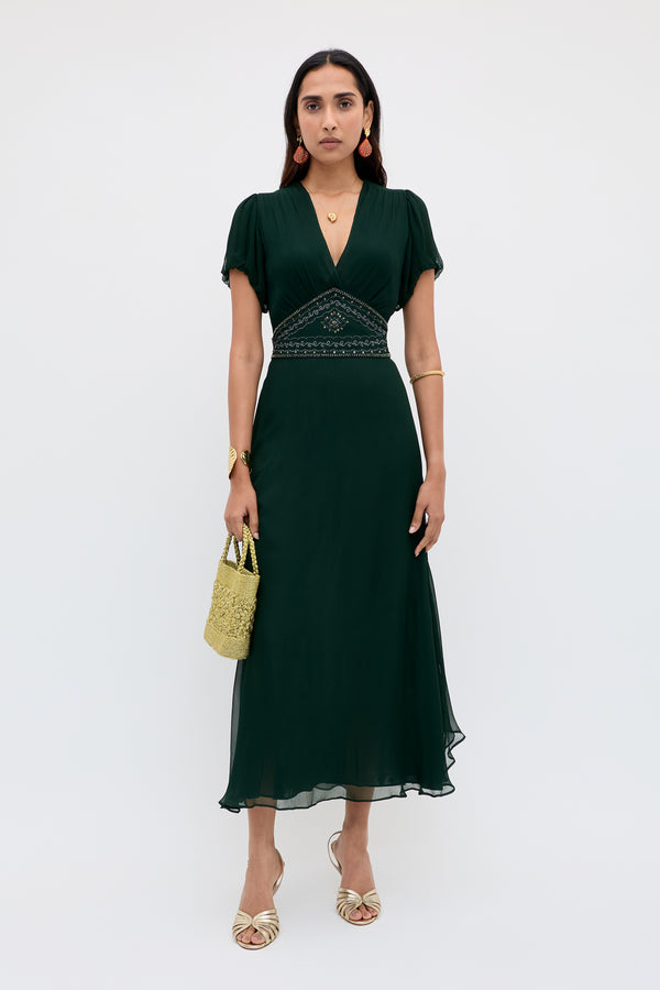 rixo Corrine Chiffon Midi Dress Diana Embellishment Forest Green