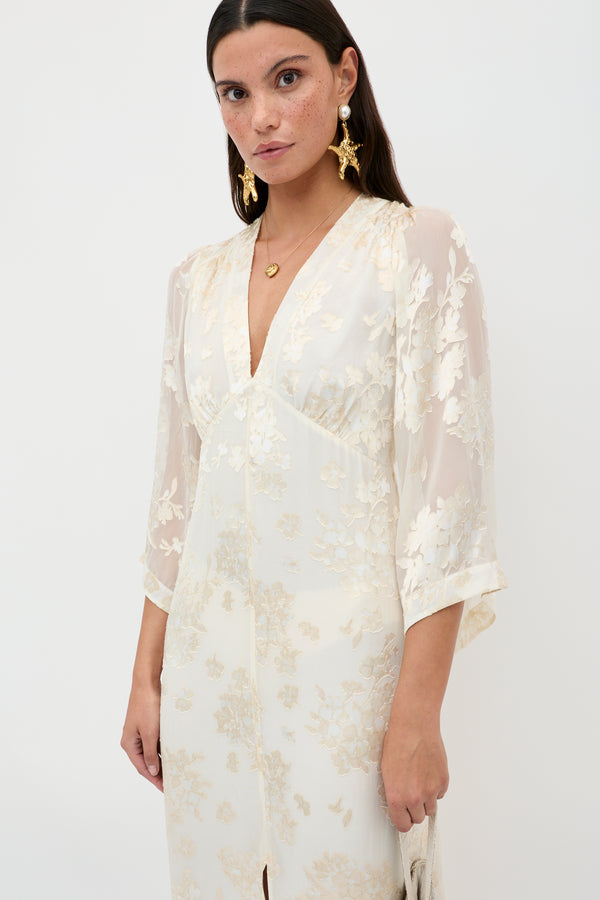 Rixo Dahlia Silk-Velvet Devoré Dress Bouquet Devoré Cream