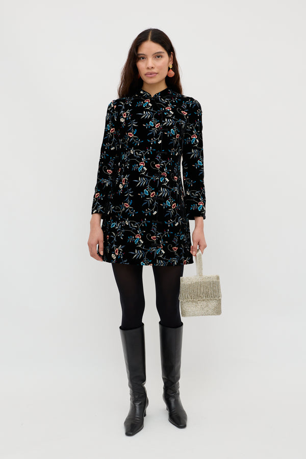 Rixo Delphina Embroidered Velvet Mini Dress Botanical Embroidery Black
