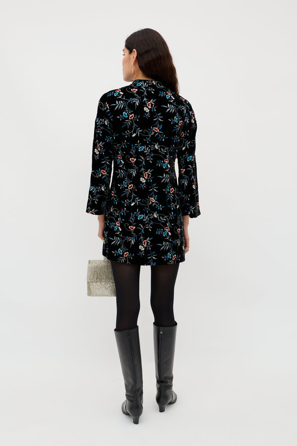 Rixo Delphina Embroidered Velvet Mini Dress Botanical Embroidery Black
