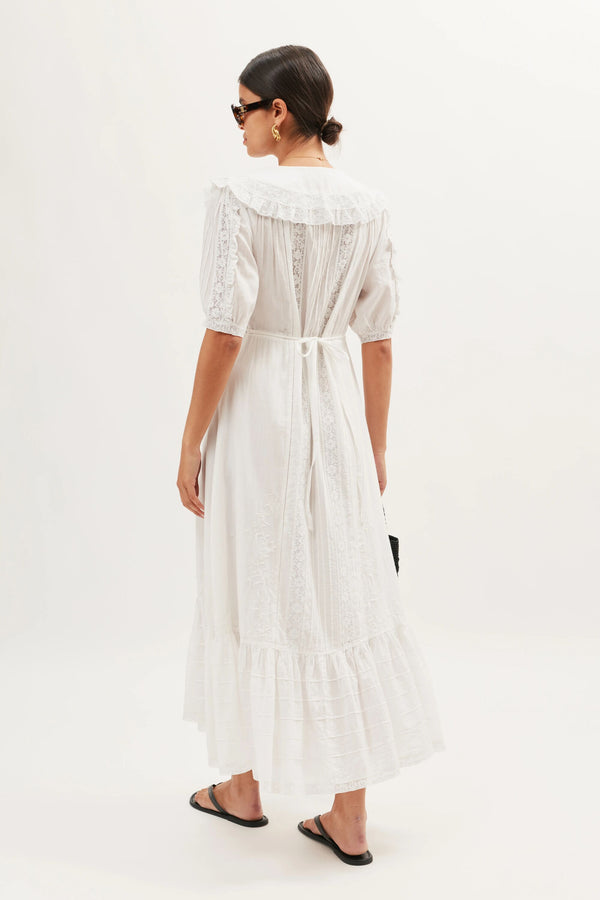 Rixo Edina Cotton Midi Dress Pansy Embroidery White