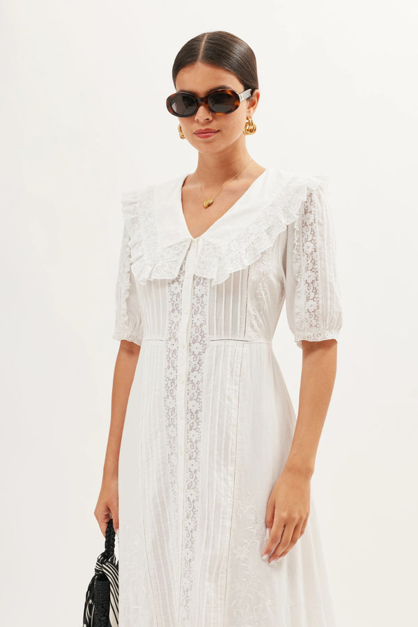 Rixo Edina Cotton Midi Dress Pansy Embroidery White