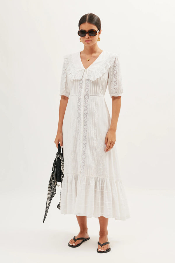 rixo Edina Cotton Midi Dress Pansy Embroidery White