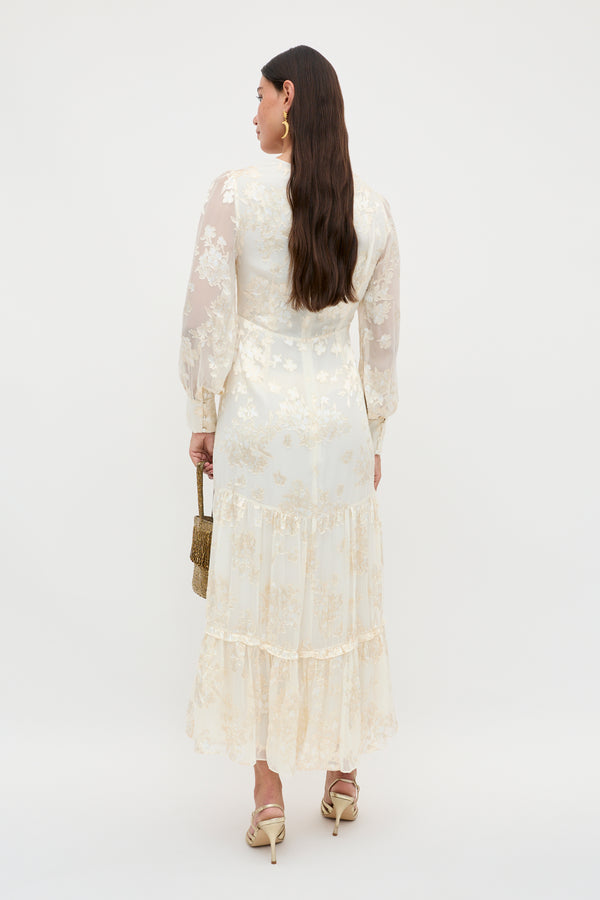 Rixo Elsie Silk-Velvet Devoré Dress Bouquet Devoré Cream