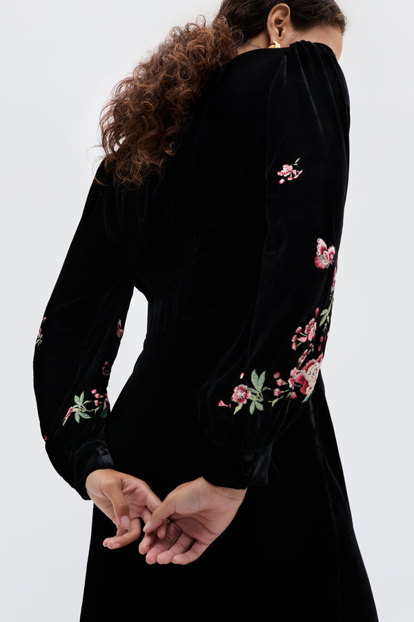 Rixo Emory Embroidered Silk-Velvet Gown Blossom Embroidery Pink