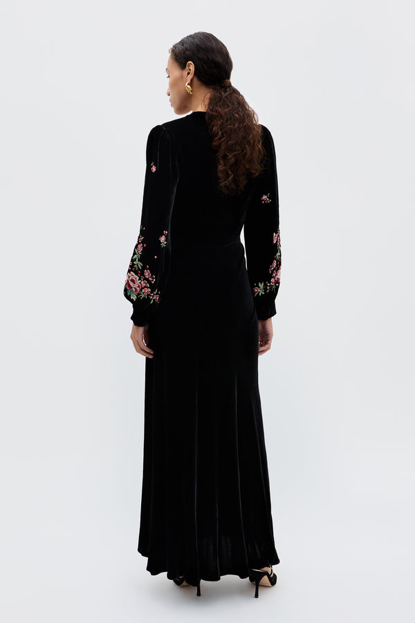 Rixo Emory Embroidered Silk-Velvet Gown Blossom Embroidery Pink