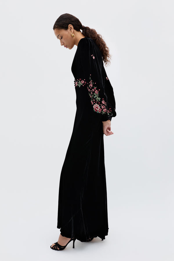 Rixo Emory Embroidered Silk-Velvet Gown Blossom Embroidery Pink