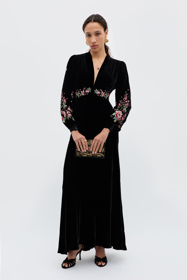 rixo Emory Embroidered Silk-Velvet Gown Blossom Embroidery Pink