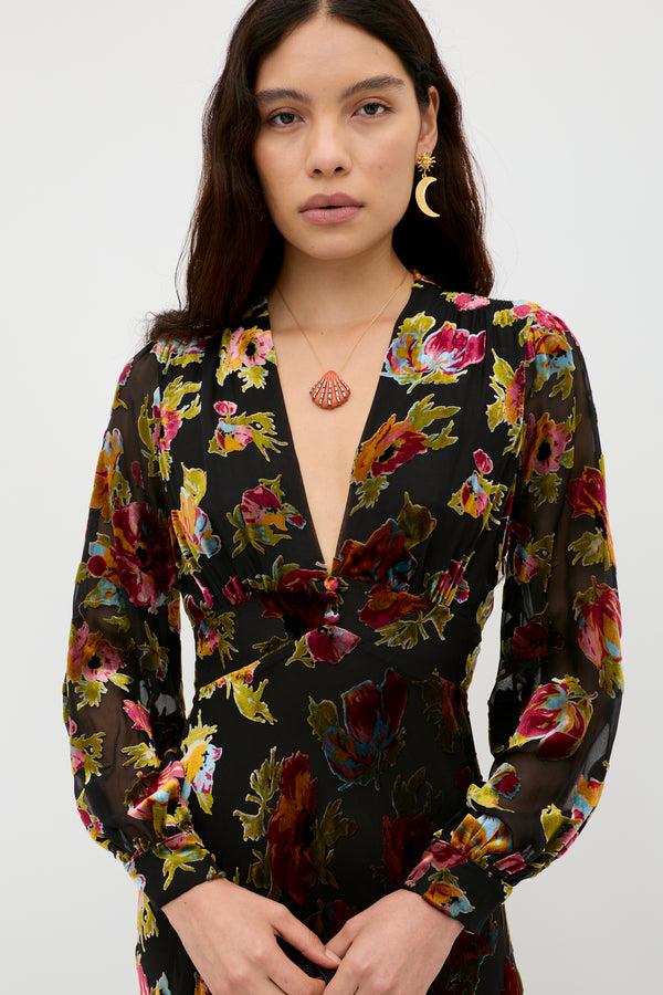 Rixo Emory Silk-Velvet Gown Countryside Devoré Black