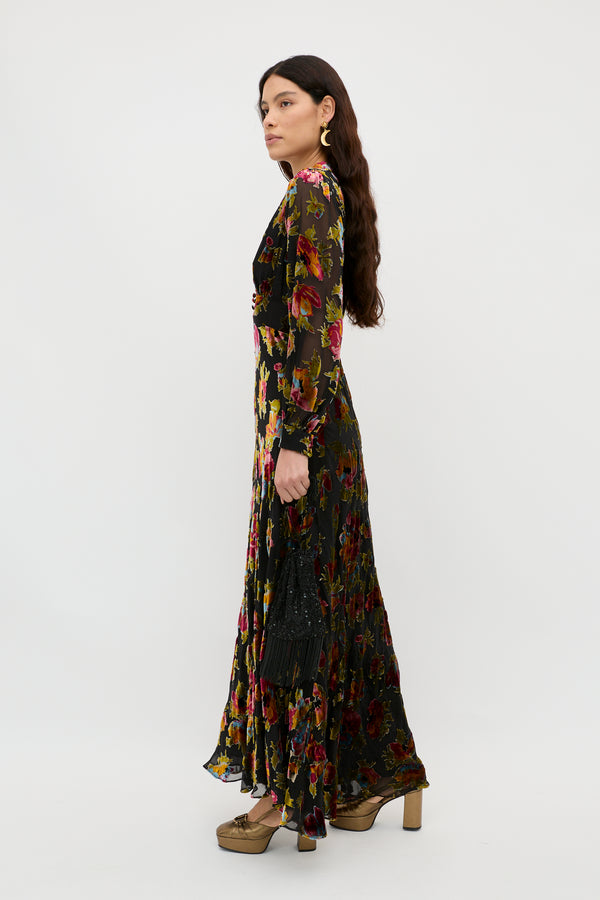 Rixo Emory Silk-Velvet Gown Countryside Devoré Black