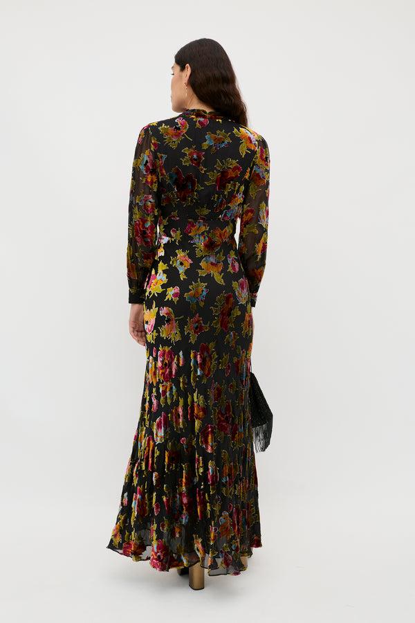 Rixo Emory Silk-Velvet Gown Countryside Devoré Black