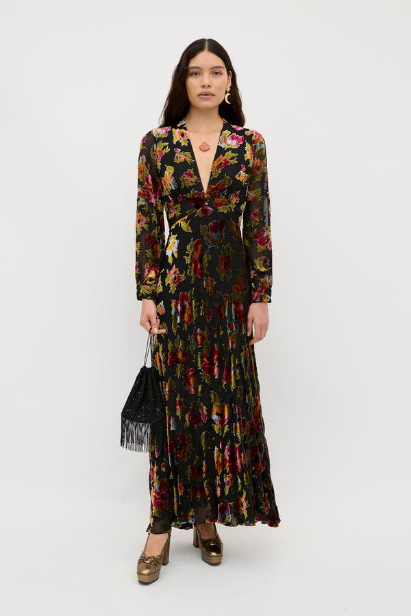 rixo Emory Silk-Velvet Gown Countryside Devoré Black