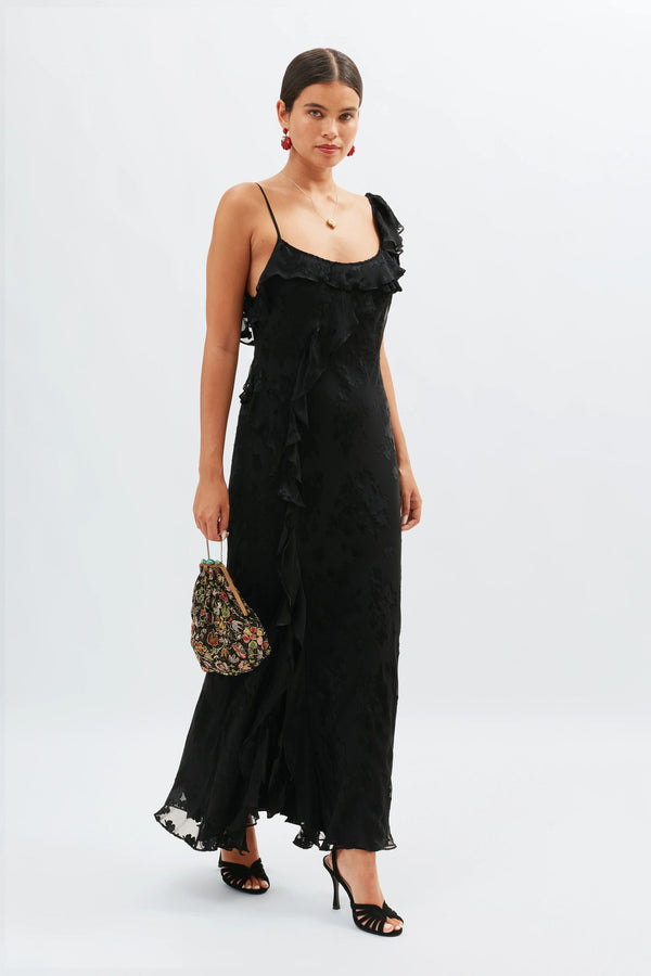 rixo Ester Silk-Devoré Maxi Dress Bouquet Devoré Black