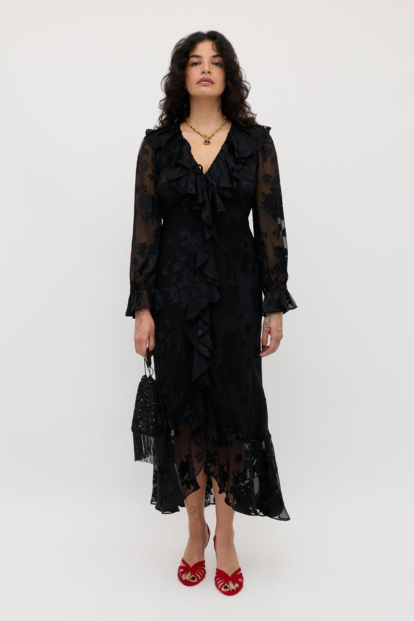 Rixo Gracye Silk-Satin Devoré Midi Dress Bouquet Devoré Black