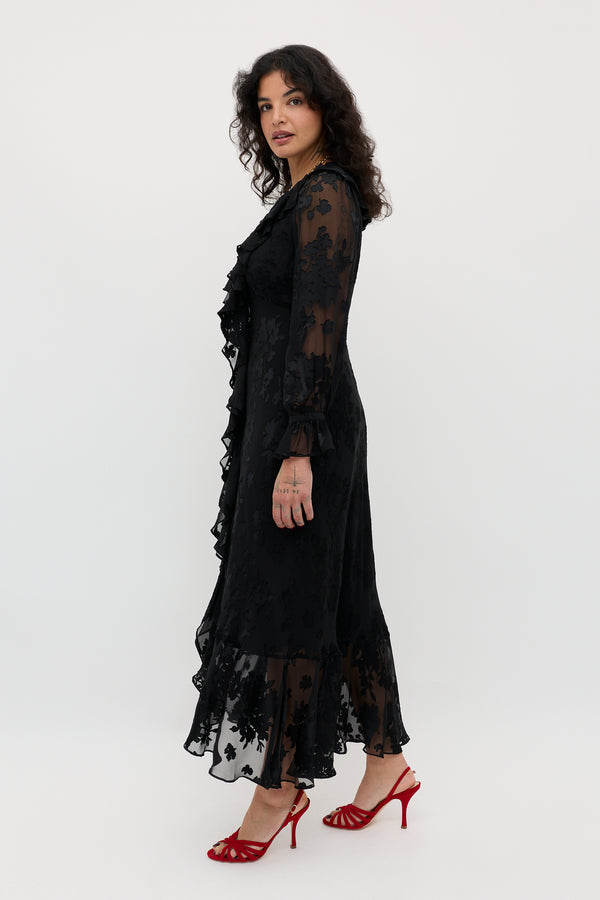 Rixo Gracye Silk-Satin Devoré Midi Dress Bouquet Devoré Black