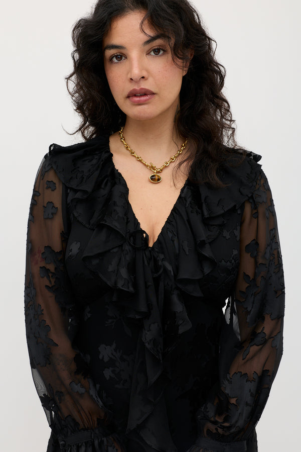 Rixo Gracye Silk-Satin Devoré Midi Dress Bouquet Devoré Black