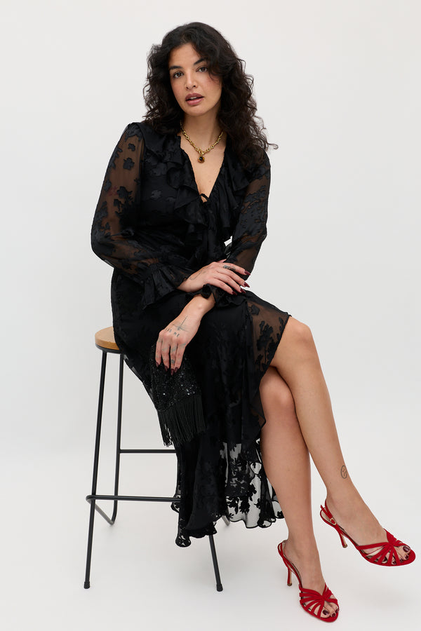 rixo Gracye Silk-Satin Devoré Midi Dress Bouquet Devoré Black