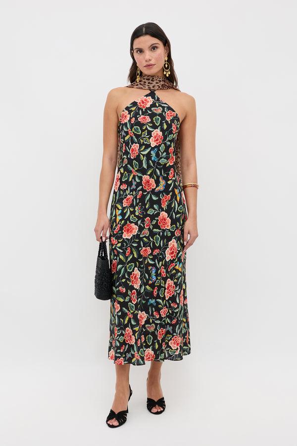 Rixo Hayley Silk Midi Dress Mila Butterfly Mix Black