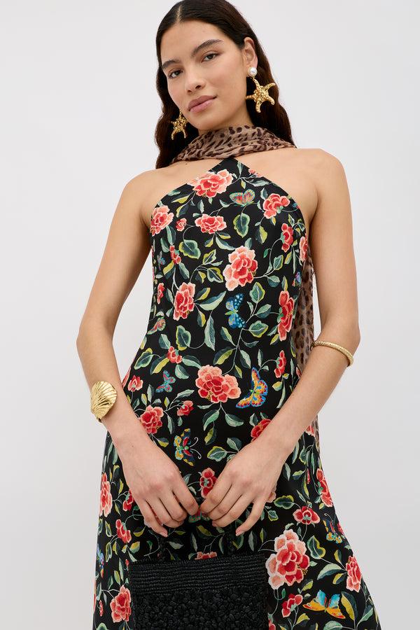 rixo Hayley Silk Midi Dress Mila Butterfly Mix Black