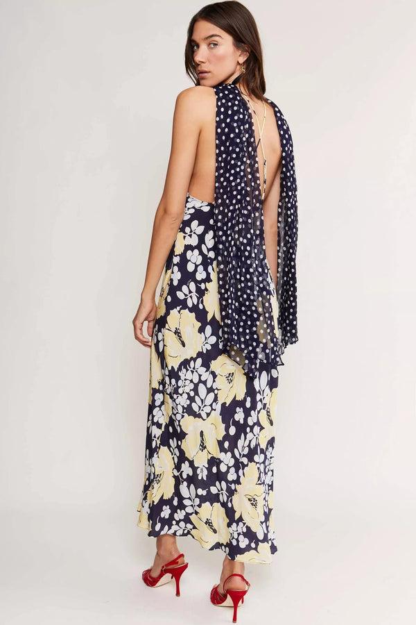 Rixo Hayley Silk Midi Dress Umbrella Floral Navy Mix